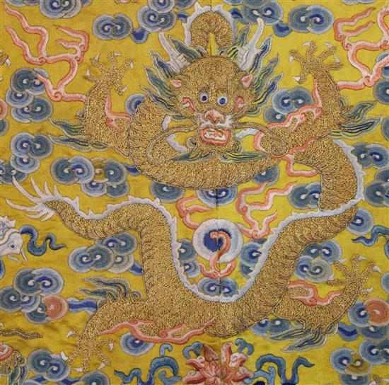 A Chinese Imperial yellow silk dragon throne seat cushion cover, Qing dynasty, 18th / 19th century, 90 x 126cm